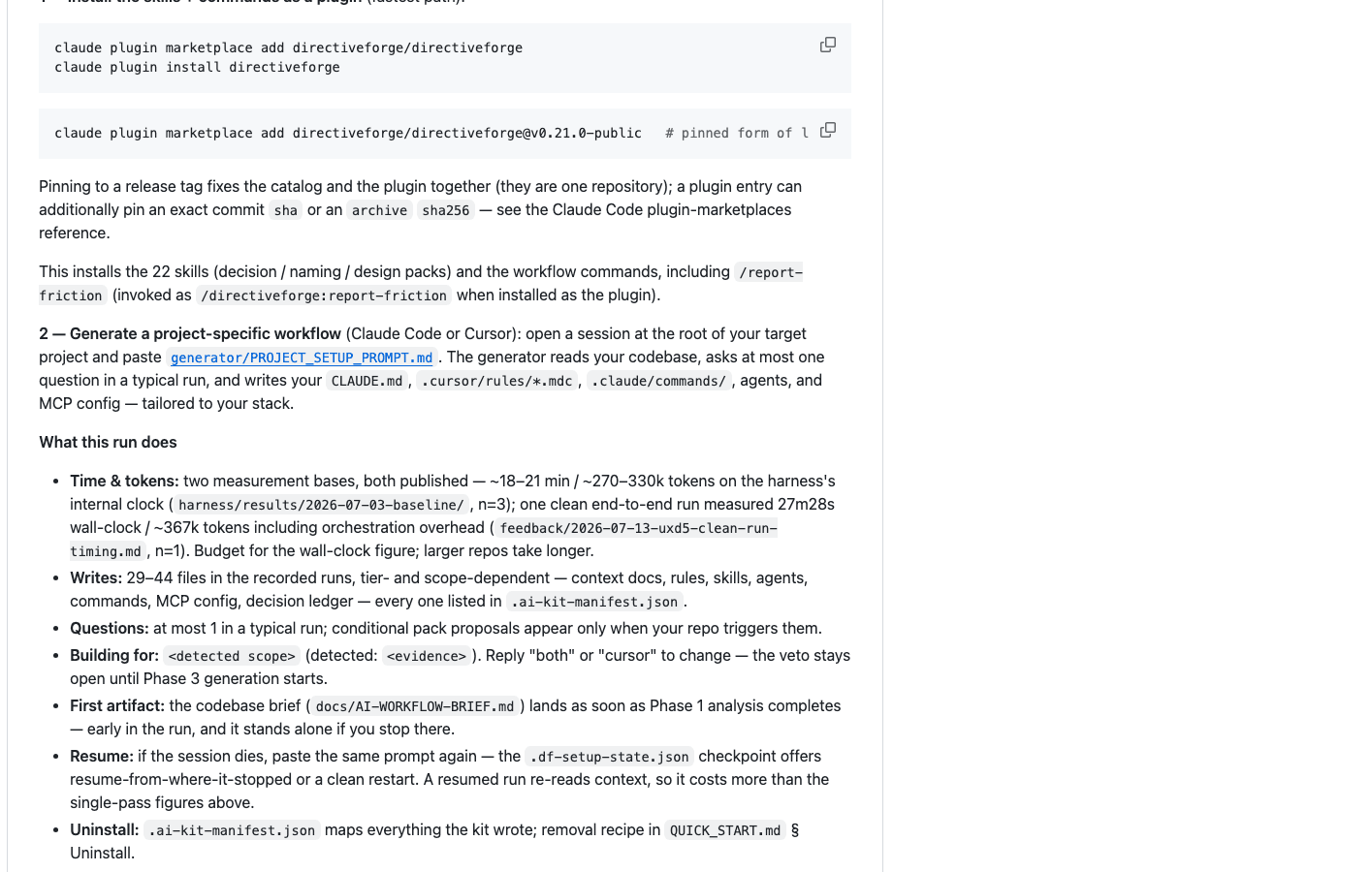 A README code block with the two claude plugin commands that install the kit into Claude Code