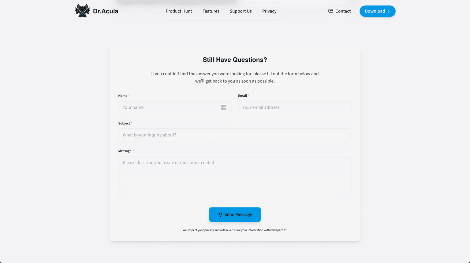 Dr.Acula contact section with professional contact form featuring real-time validation, accessibility features, and modern UI styling