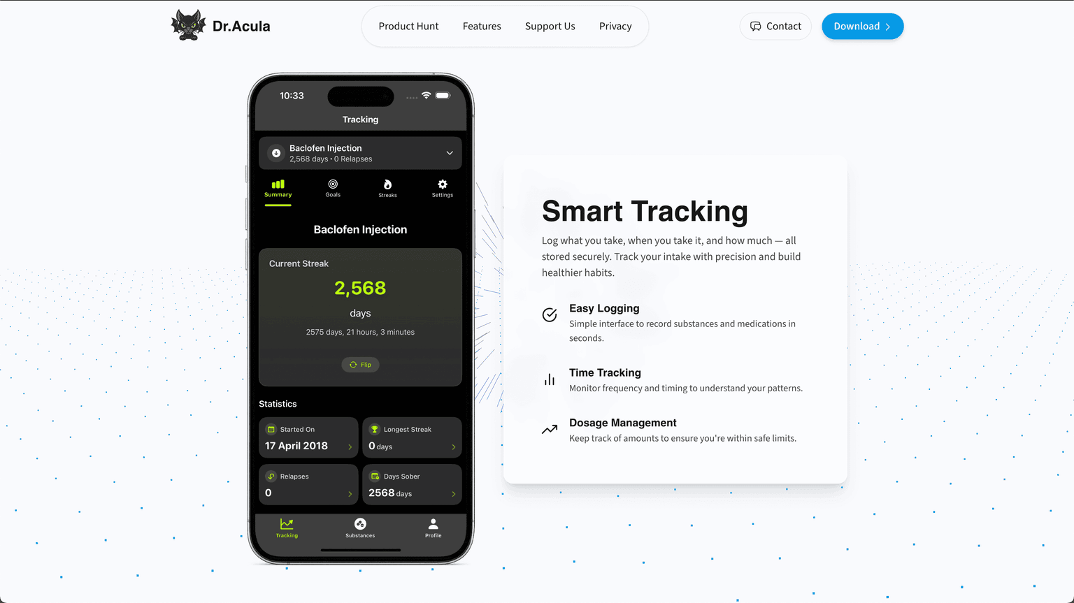 Dr.Acula features showcase displaying key app functionality including habit tracking, progress monitoring, and user-friendly interface design