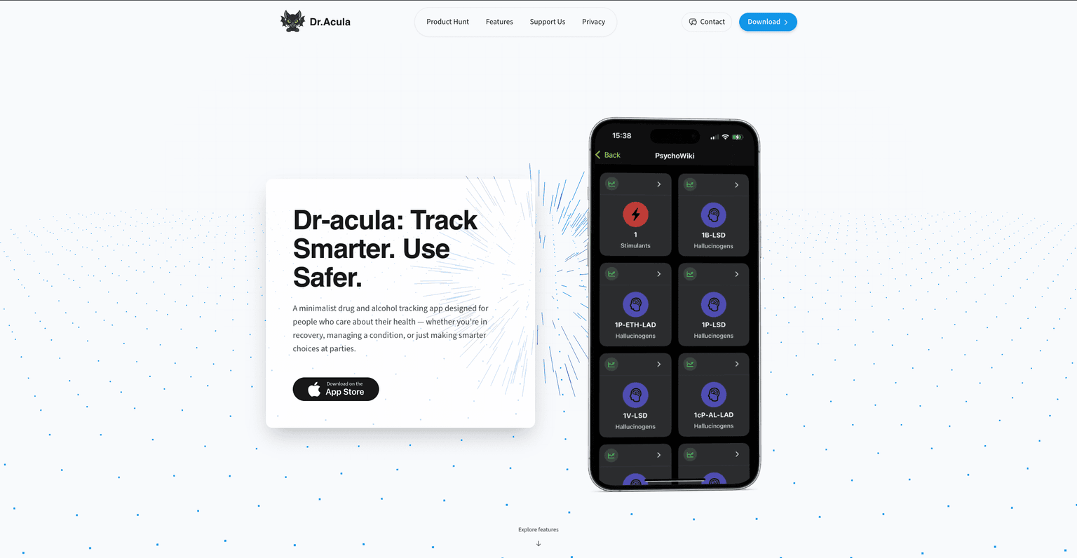 Dr.Acula landing page hero section featuring clean modern design with prominent app download buttons and animated background elements