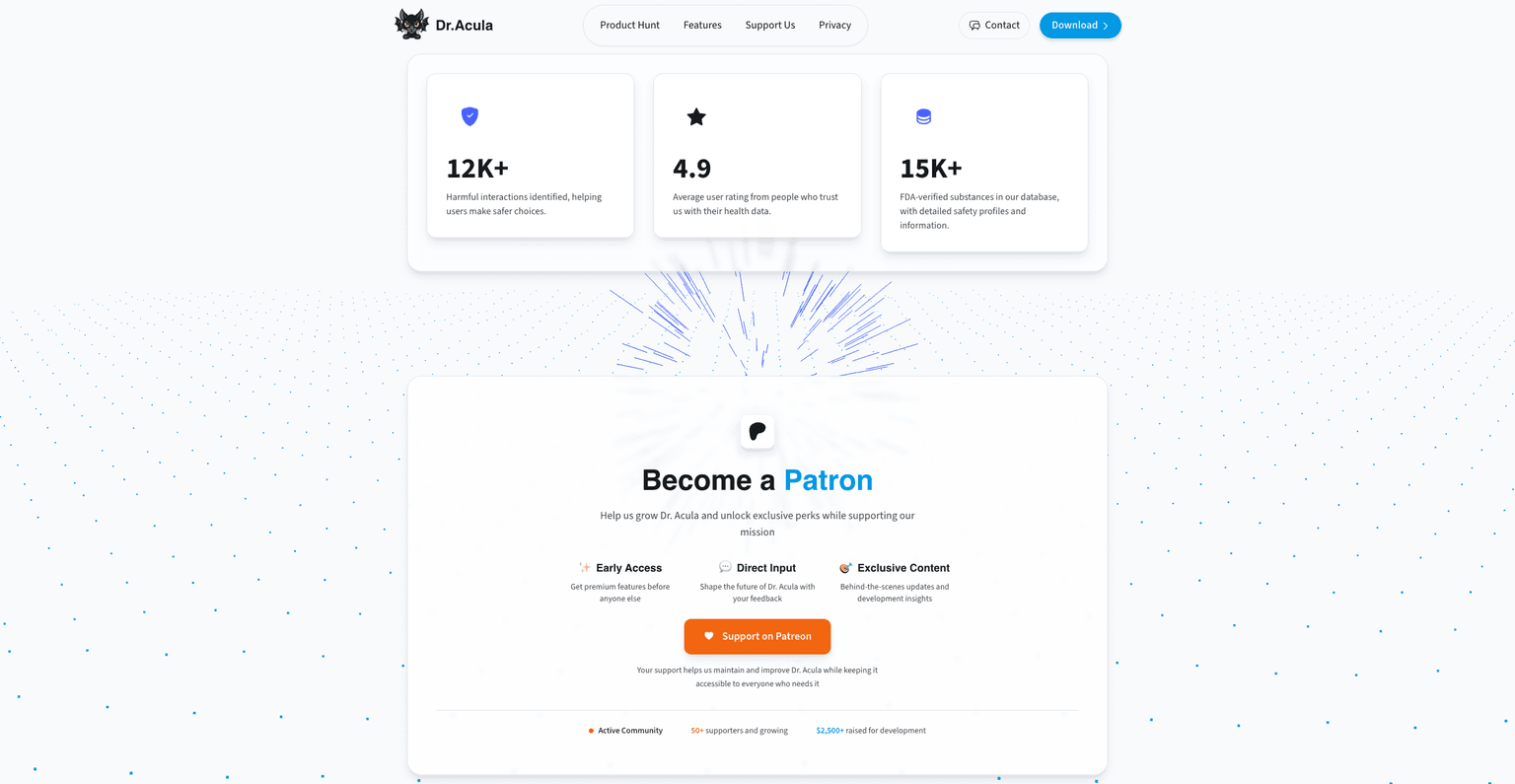 Dr.Acula Patreon support section highlighting community engagement and sustainable development funding options
