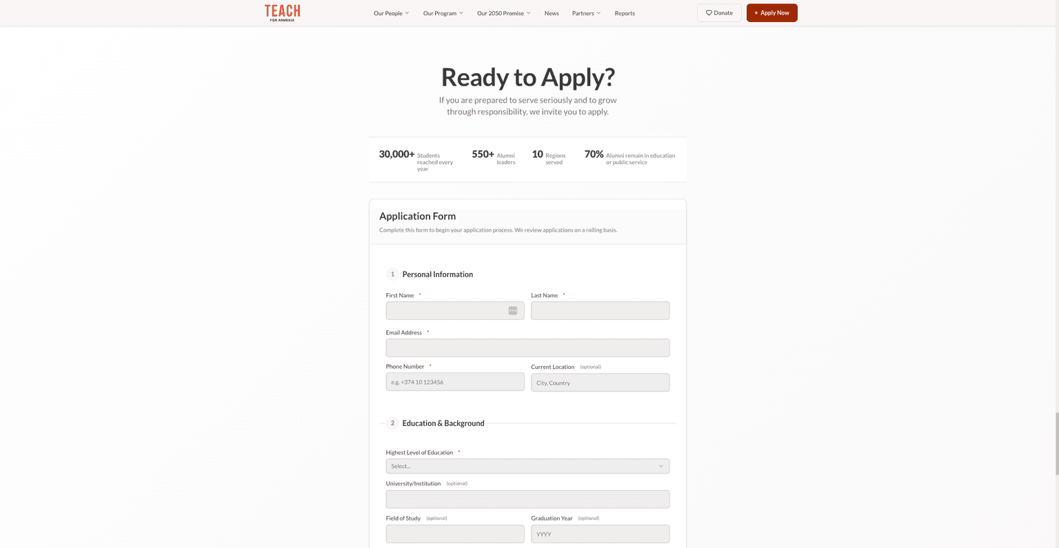 Empty application form on desktop with labelled personal information and education fields
