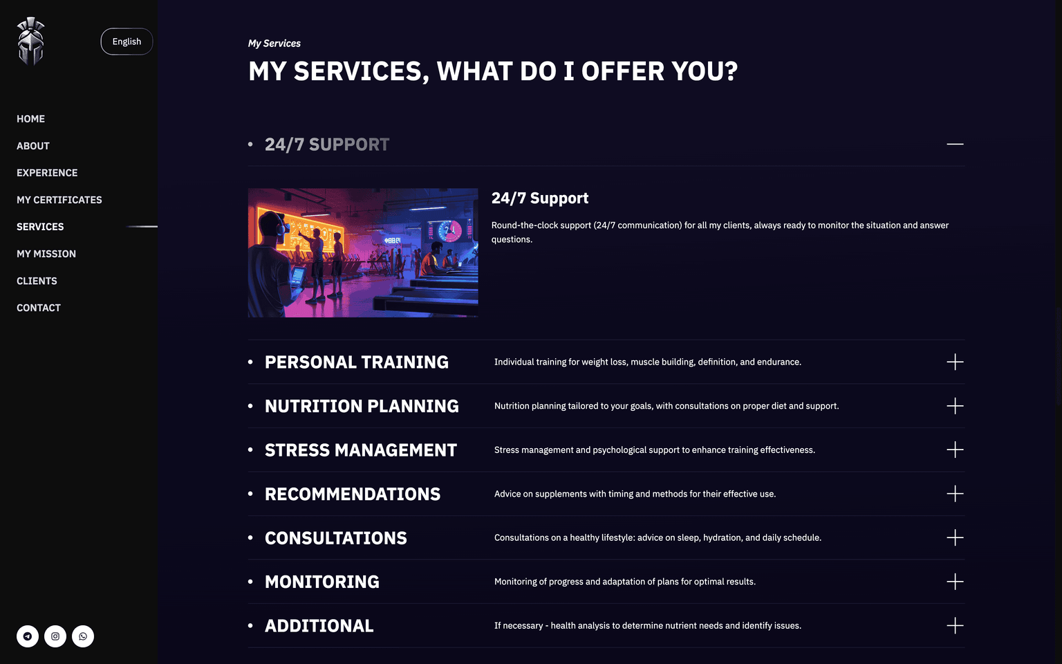 Screenshot of the TheOne services page
