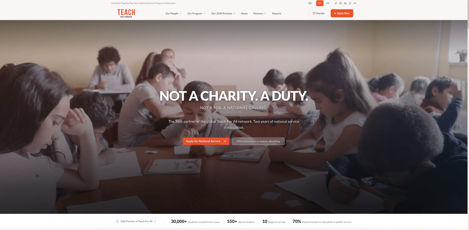Teach For Armenia homepage showing cinematic hero with parallax background and bilingual navigation