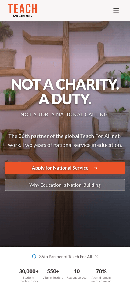 Mobile responsive view of the Teach For Armenia homepage with Armenian typography
