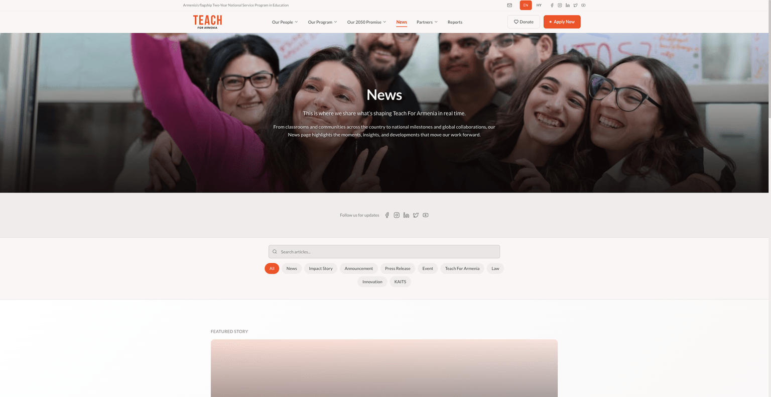 News listing page with category filtering, search, and bilingual article cards