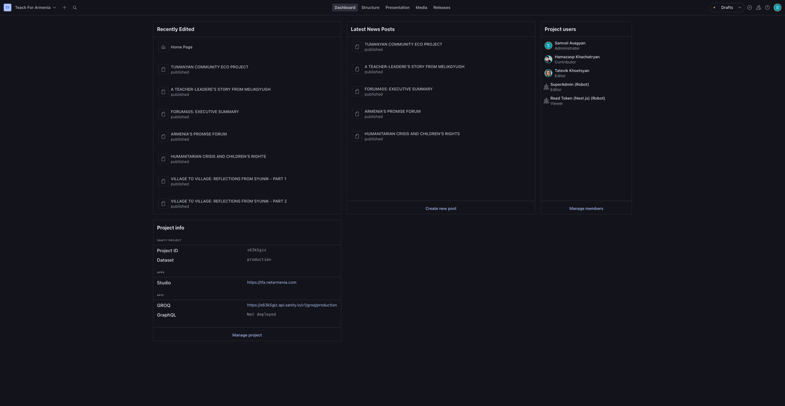 Sanity Studio dashboard with document list widgets and internationalized content editing
