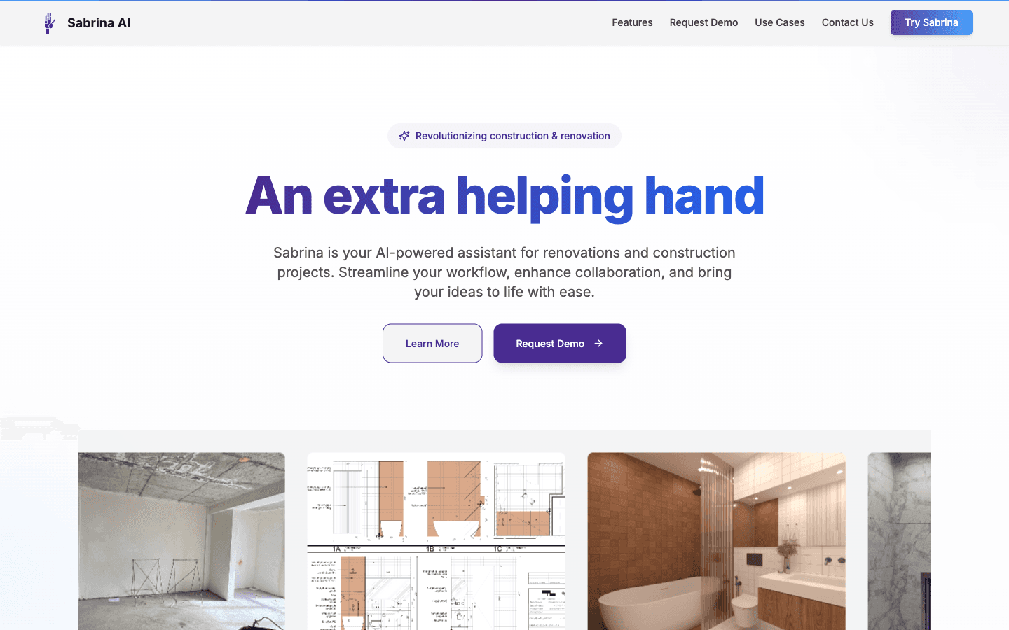 The Sabrina AI home page: the headline, two calls to action, and photos and floor plans of a renovation.